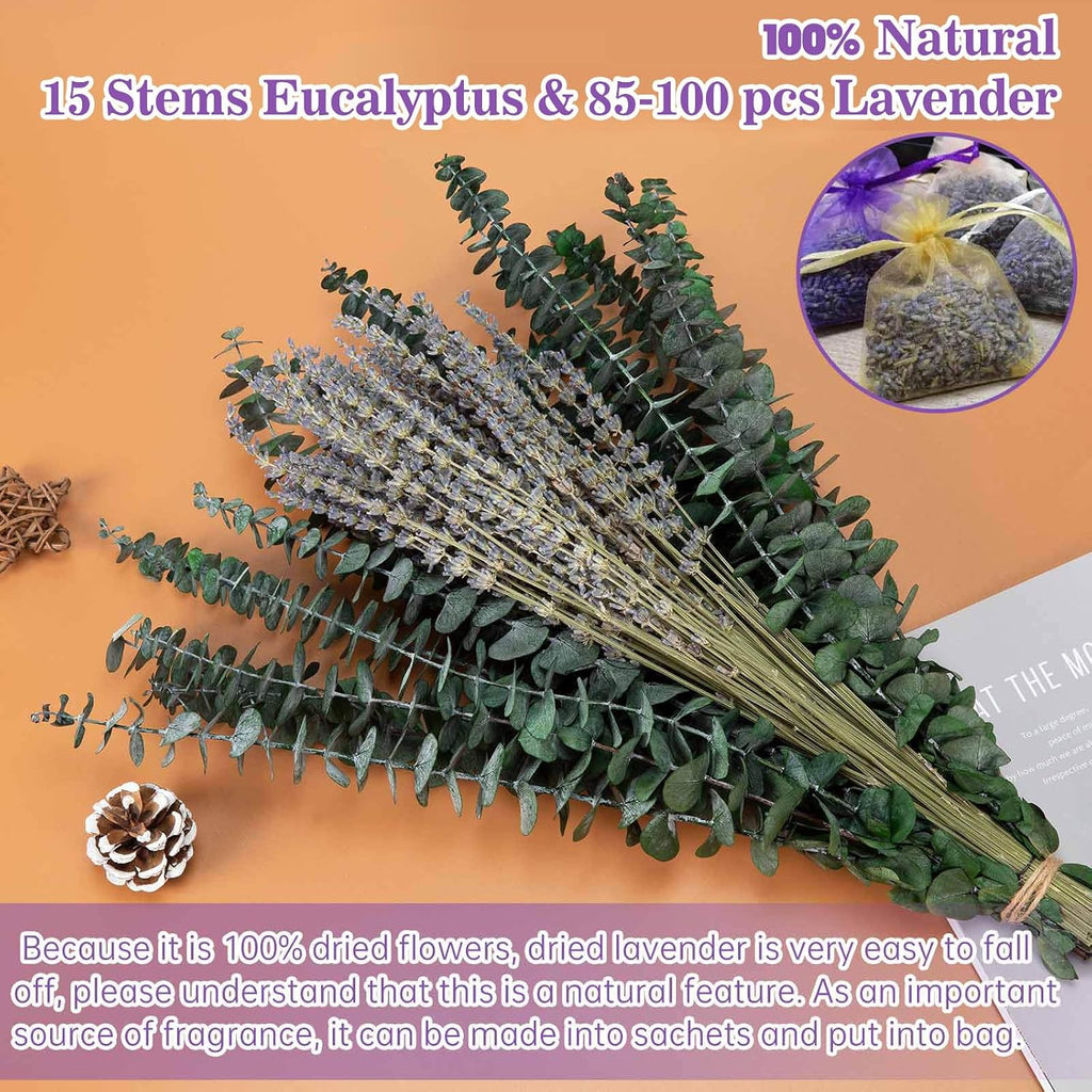 Mixed Dried Eucalyptus Stems with Lavender Flowers Bundle for Shower, 17'' Natural Eucalyptus Leaves Branches Hanging Shower Plant for SPA Home Fragrance Bathroom Table Vase Decor, 2 Pack