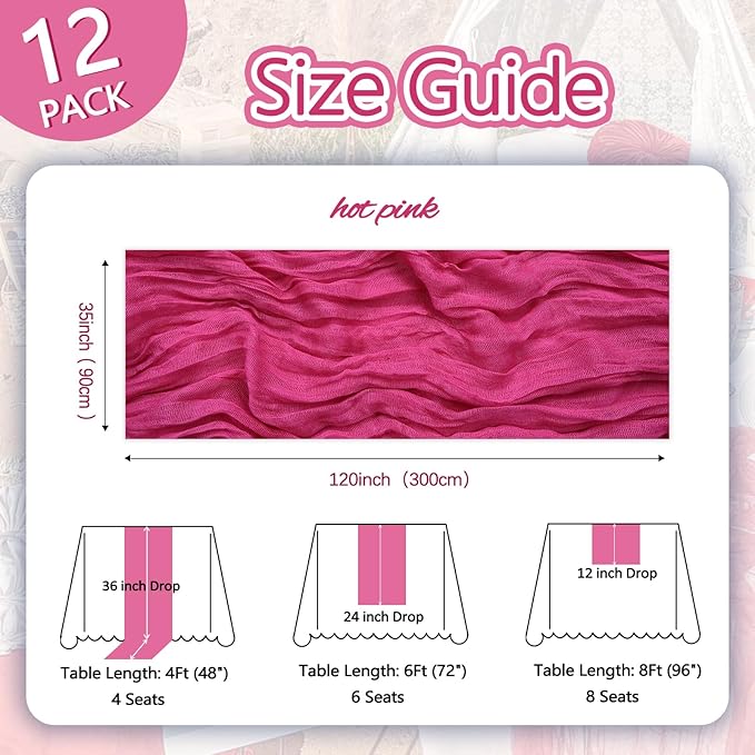 12 Pack Hot Pink Cheesecloth Table Runner 10ft Boho Gauze Fabric Cheese Cloth Table Runner 35 x 120 Inch Rustic Sheer Runner for Romantic Wedding Decor Baby Shower Party Table Centerpiece Decoration