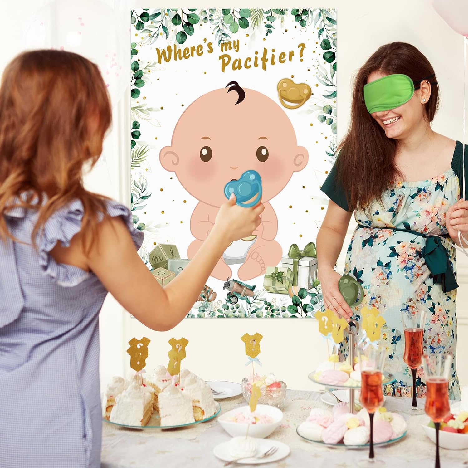 Hxezoc Baby Shower Games Pin The Pacifier On The Baby Game with 36 Pacifier Stickers, Large Green Baby Poster Games for Baby Shower Party Kids Birthday Party Supplies