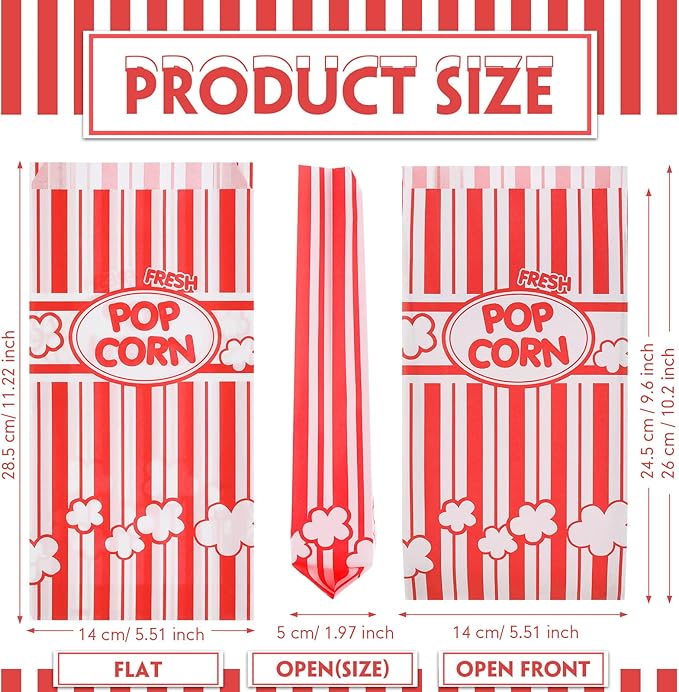 300 Pcs Popcorn Bags Paper Grease Resistant Popcorn Bags Disposable Red and White Striped Popcorn Container for Family Movie Night Movie Party Carnival Theater Popcorn Machine (2 oz)