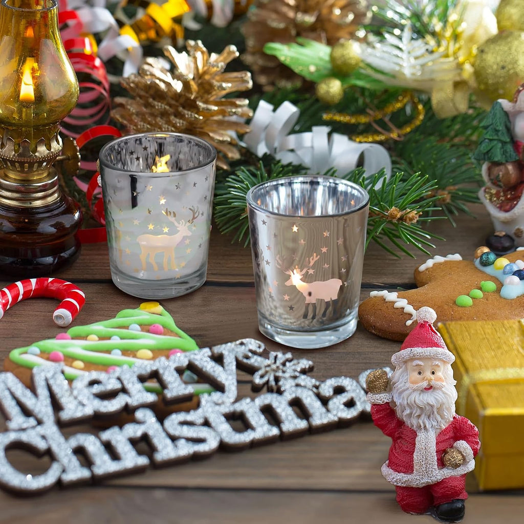 Silver Votive Tealight Candle Holders 12PCS Christmas Candle Holders with Carved Reindeer for Xmas Table Centerpiece Decoration