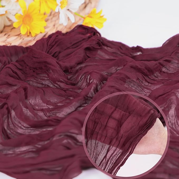 Snowkingdom 6PCS 10 Ft Burgundy Red Cheesecloth Table Runner, 120inch Long Cheese Cloth Boho Gauze Runner for Wedding Bridal Baby Shower Birthday Valentines Sheer Table Decorations