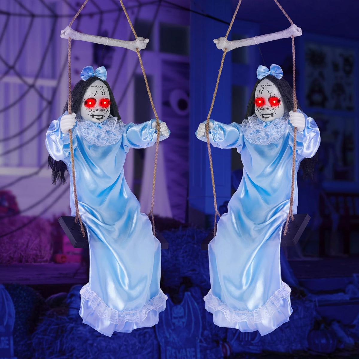 JOYIN 2 Pcs Hanging Ghosts Halloween Decorations Outdoor, 3ft Blue Swinging C...