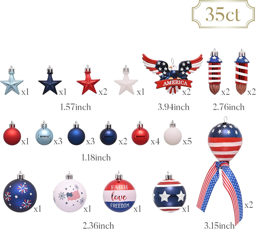 Valery Madelyn 4th of July Tree Decorations for Patriotic Memorial Day Eagle Ornaments, 35Pcs Red White Blue Shatterproof Americana Hanging Ball Decor for Independence Day USA 250th Anniversary