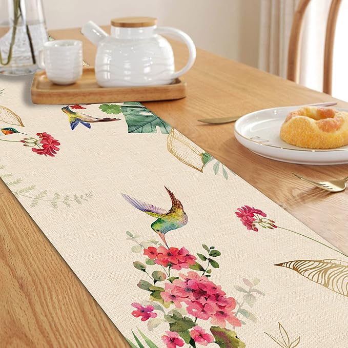 Seliem Summer Tropical Hummingbird Palm Leaf Greenery Table Runner, Spring Birds Home Kitchen Monstera Geranium Flowers Dining Decor, Seasonal Burlap Decorations Anniversary Party Supply 13 x 48 Inch
