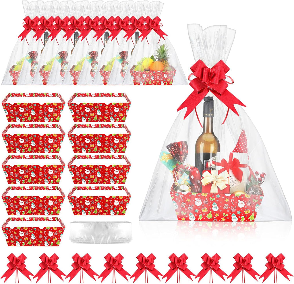 Cholemy 27 Pcs Christmas Baskets for Gifts Empty, Include Gift Baskets Empty with Handles Basket Bags and Red Pull Bows Cardboard Bags Kit for Xmas Birthday Holiday Wedding Party