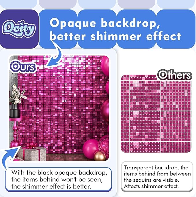 Qcity Hot Pink Shimmer Wall Backdrop 36PCS, Black Back Not See-Through Design, Square Sequin Glitter Backdrop Panel, Perfect for Outdoor Events, Birthdays, Wedding and Party Decoration