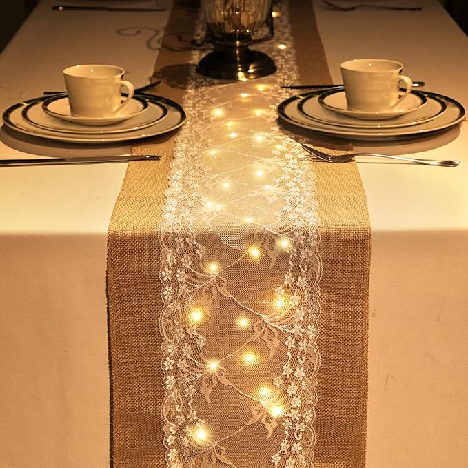 Xinnun 6 Pack Burlap Table Runner with LED String Lights, Modern Rustic Lace Natural Vintage Boho Jute Wedding Table Decor for Farmhouse Thanksgiving Christmas(Farmhouse Rustic Burlap,12x70 Inches)