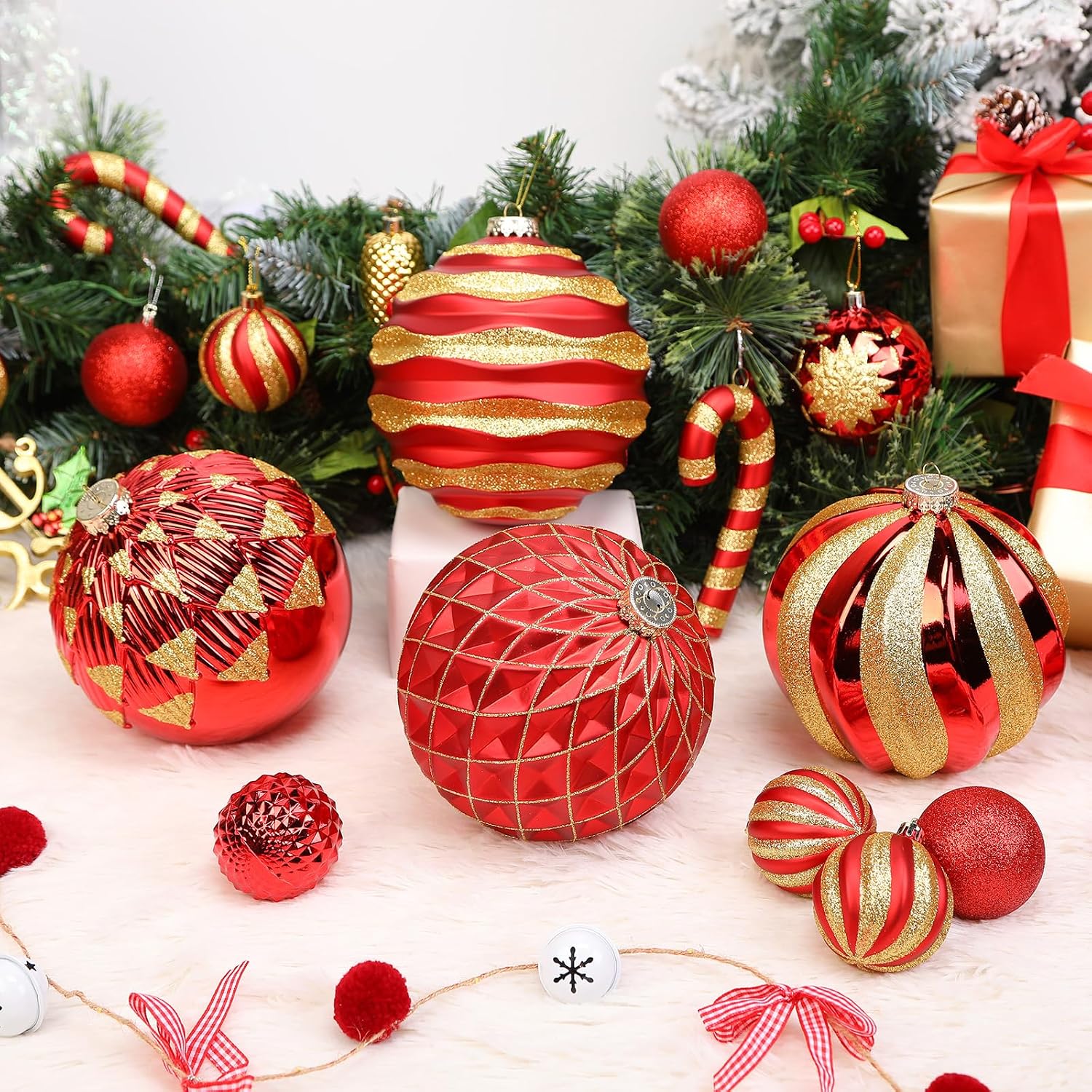 Alupssuc 6''/150mm Large Christmas Ball Ornaments, 4Pcs Christmas Tree Decor, Shatterproof Hanging Decorations with Hooks, Red & Gold Baubles for Xmas Tree, Wedding, Holiday and Party Decor