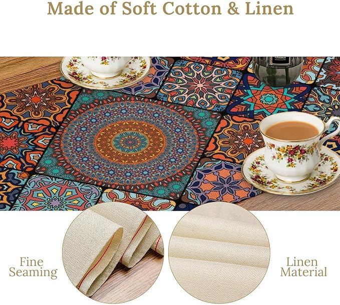 Bohemian Table Runner, Colorful Vintage Indian Mandala Floral Table Runners for Kitchen Dining Coffee Table Indoor Outdoor Party Decor, 13x108inch