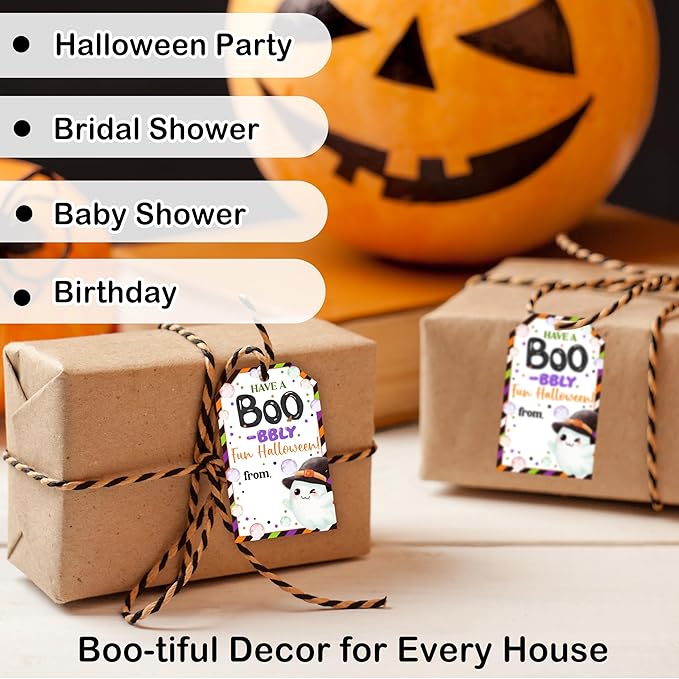 50 Pcs Halloween Tags with String, 2.1"×3.5" Ghost Paper Gifts Tags, Boo Trick or Treat for Candy, Halloween Gifts Tag Wrap for Party Favor - B07