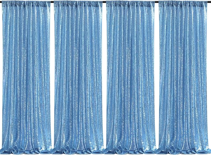 Baby Blue Christmas Backdrop Curtains 4 Pieces 2FTx8FT Sequin Photography Background Curtain for Party Decoration