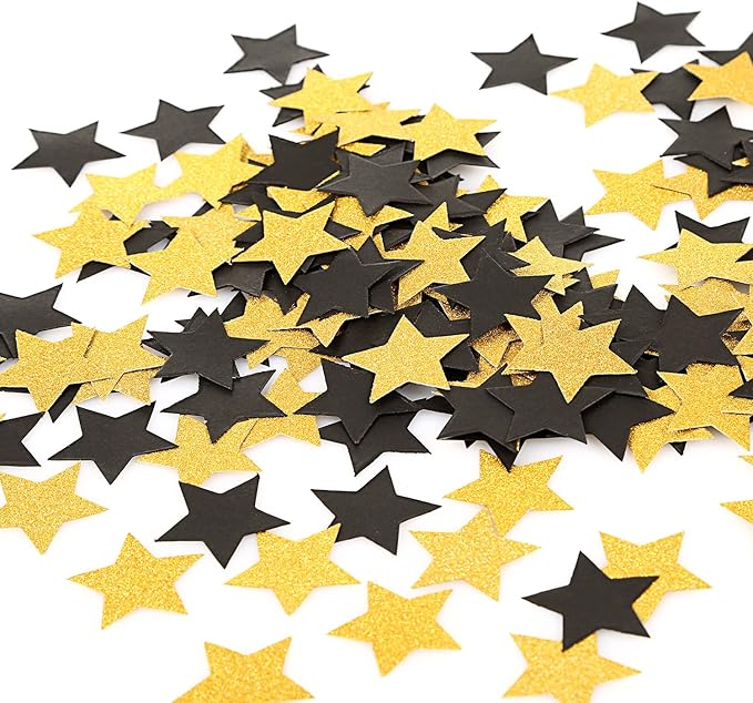 MOWO Glitter Five Stars Confetti Wedding Party Decor and Table Decor 1.2’’ in Diameter (Glitter Gold,Black,200pc)