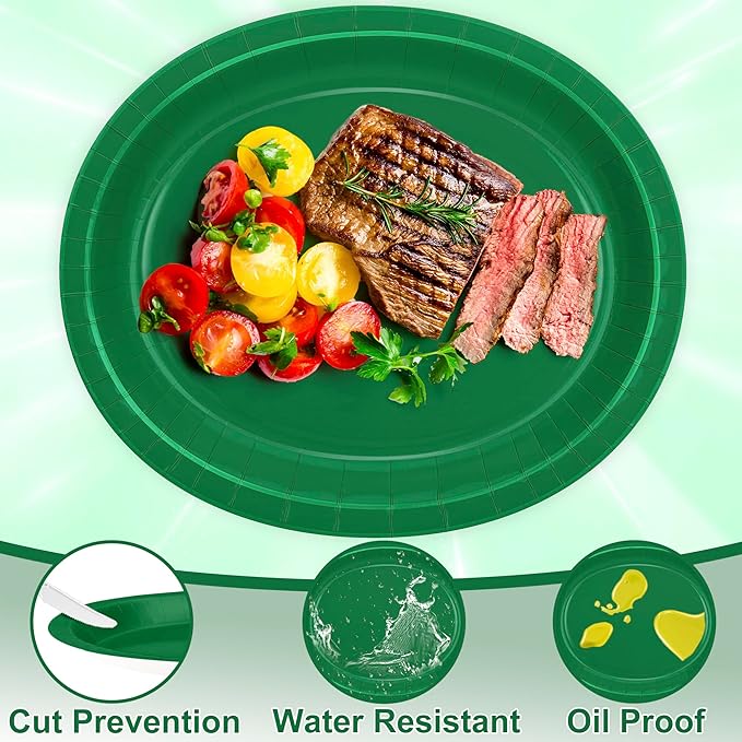 QZYL 50 Count Paper Plates, 12.2'' X 10.2'' Large Green Oval Plates, Daily Dinner Plates Disposable Paper Tray Bulk Party Supplies for Outdoor Picnic Birthday Party Barbecue Holiday