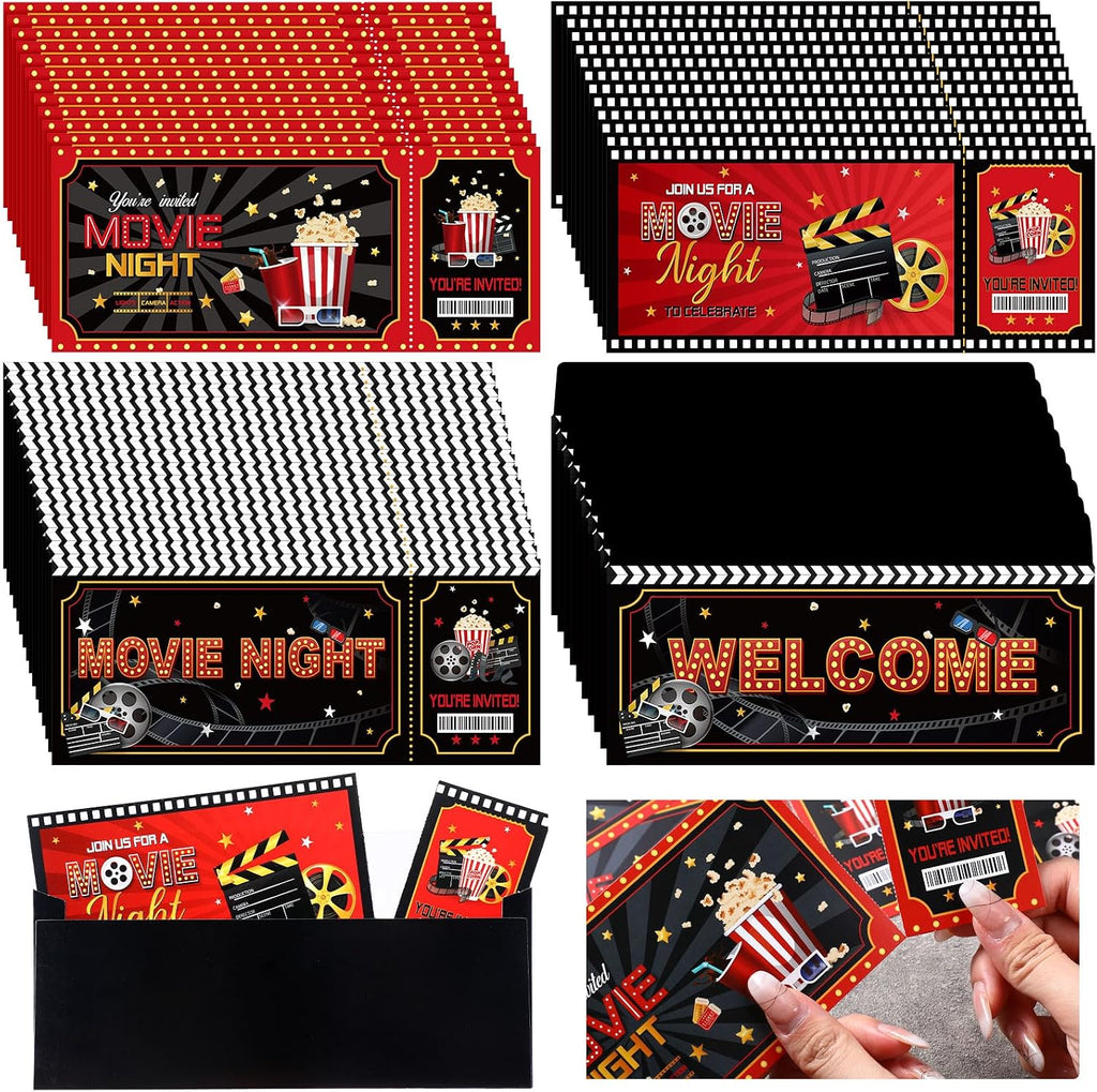 Harloon 36 Sets Movie Party Invitations Movie Night Theater Birthday Party Invitations Cards Popcorn VIP Ticket with Envelopes Postcards Red Carpet Birthday Supplies