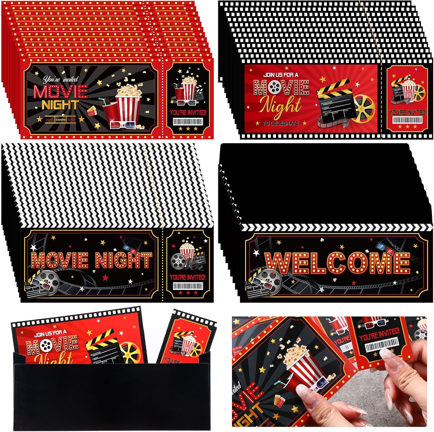 Harloon 36 Sets Movie Party Invitations Movie Night Theater Birthday Party Invitations Cards Popcorn VIP Ticket with Envelopes Postcards Red Carpet Birthday Supplies