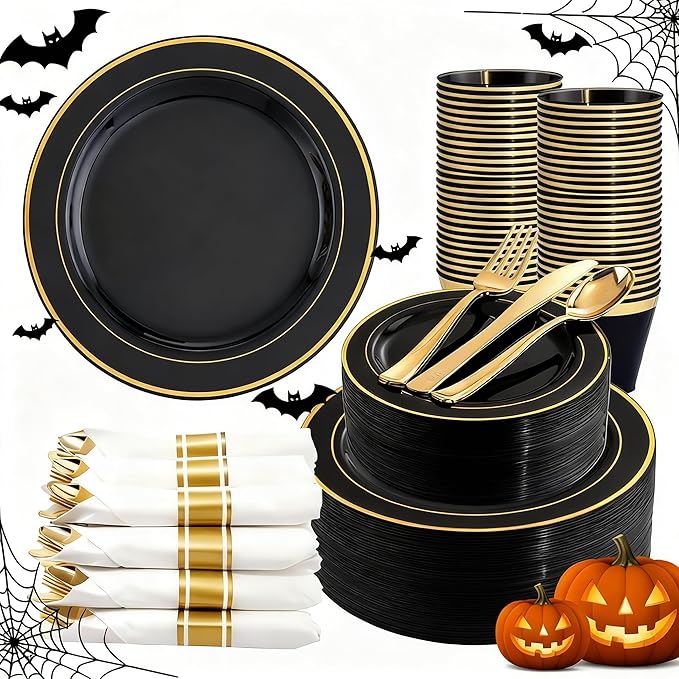350 Pieces Black and Gold Plastic Plates with Disposable Silverware, Include 50 Dinner Plates 9”, 50 Dessert Plates 6.3”, 50 Black Cups 9 OZ, 50 Pre Rolled Napkins for Halloween new year