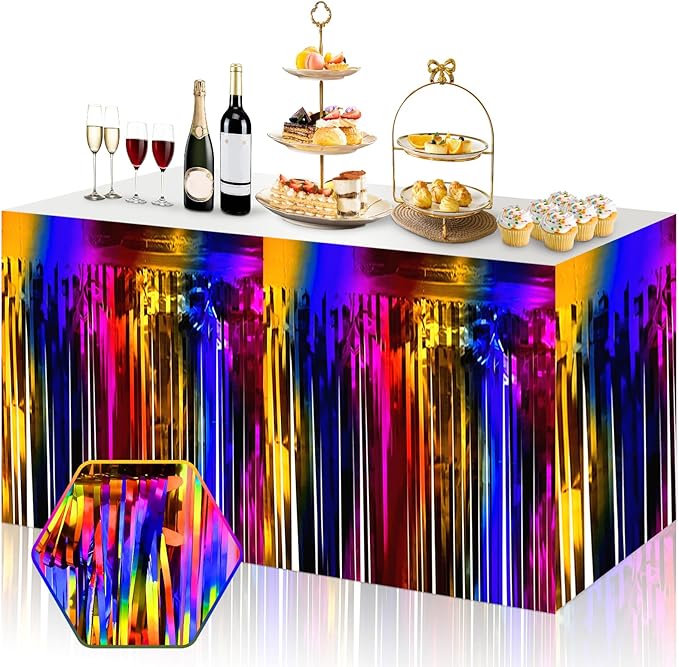 3 Pack 29x108 Inch Rainbow Foil Fringe Table Skirts Metallic Banner for Tinsel Streamer Garland Backdrop for Parade Floats Wedding Thanksgiving Birthday Christmas Halloween Party Decoration