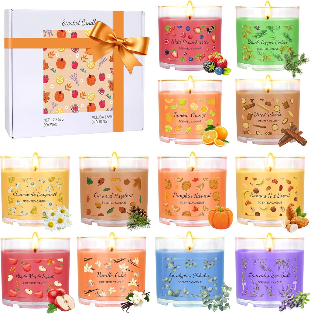 Fall Candles Bulk, 12 Pack Scented Candles for Home, Candle Set for Women, Small Soy Candle Scent of Pumpkin Vanilla Caramel Lavender, Mini Candle Gift Set for Mothers Day Birthday Christmas Birthday