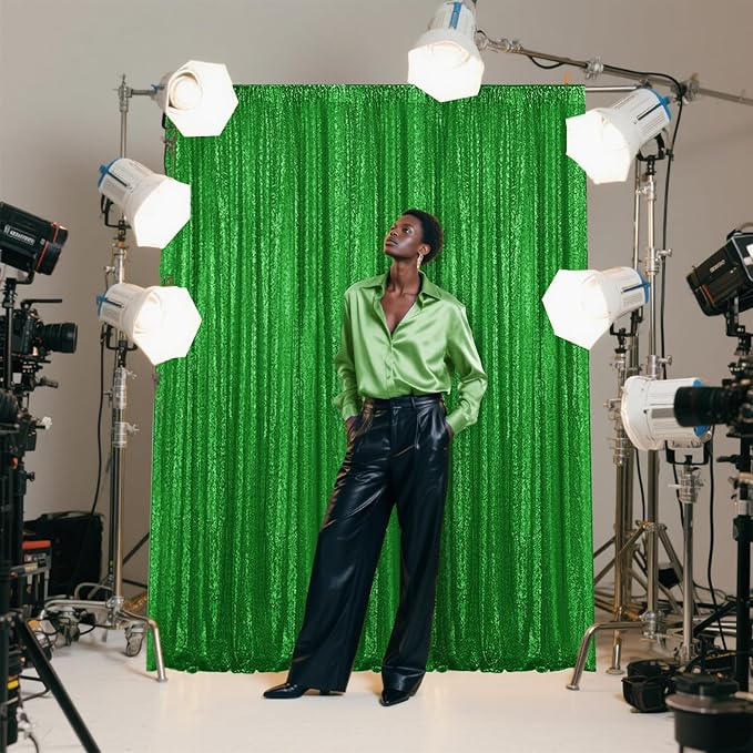 Green Sequin Backdrop Curtain 4 Pieces 2FTx8FT Glitter Photography Backdrop for Party Wedding Birthday Christmas Decorations