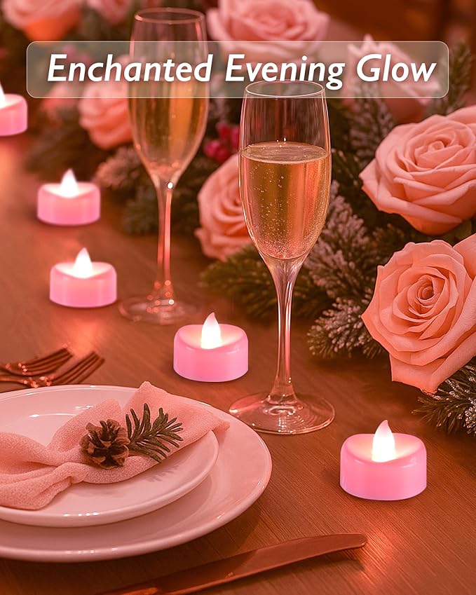 Raycare Pink LED Tea Lights Battery Operated, 200+Hour Flickering Votive Candles,Realistic Fake Flameless Tea Lights for Wedding Party Halloween Thanksgiving Christmas Decorations, 24 Pack