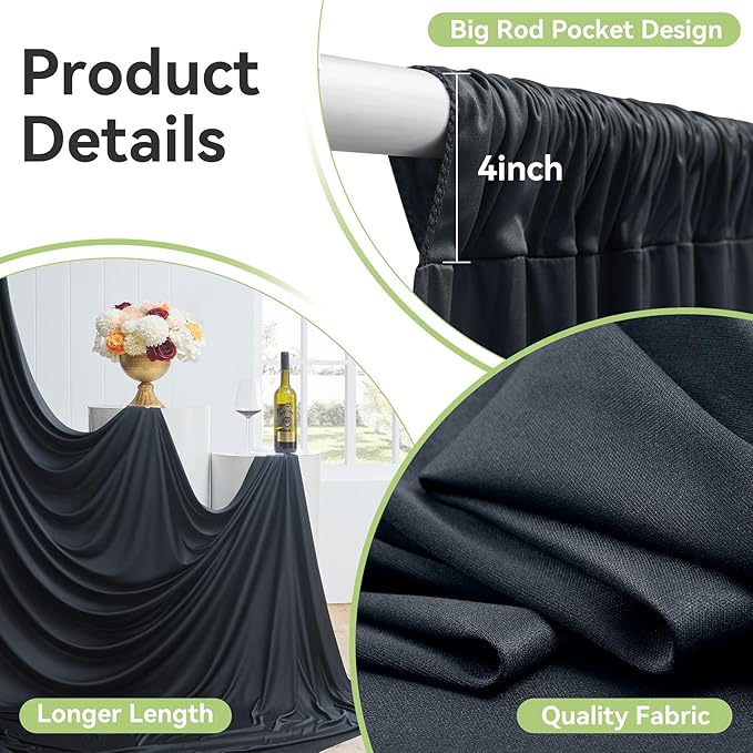 20ftx12ft Wrinkle Free Black Backdrop Curtain, 4 Panels 12FT Height Black Wedding Backdrop Drapes, Silky Polyester Back Drop Cloth for Birthday Photography Background Party Backdrop Draping
