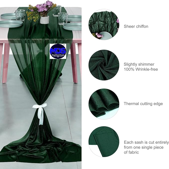 MDS 2 Pack 14ft Chiffon Table Runner 29 x 170 Inches Sheer Wedding Runner Romantic Rustic Table Runner for Wedding Decorations, Birthday Parties, Bridal Shower Party Arch Decor - Hunter Green