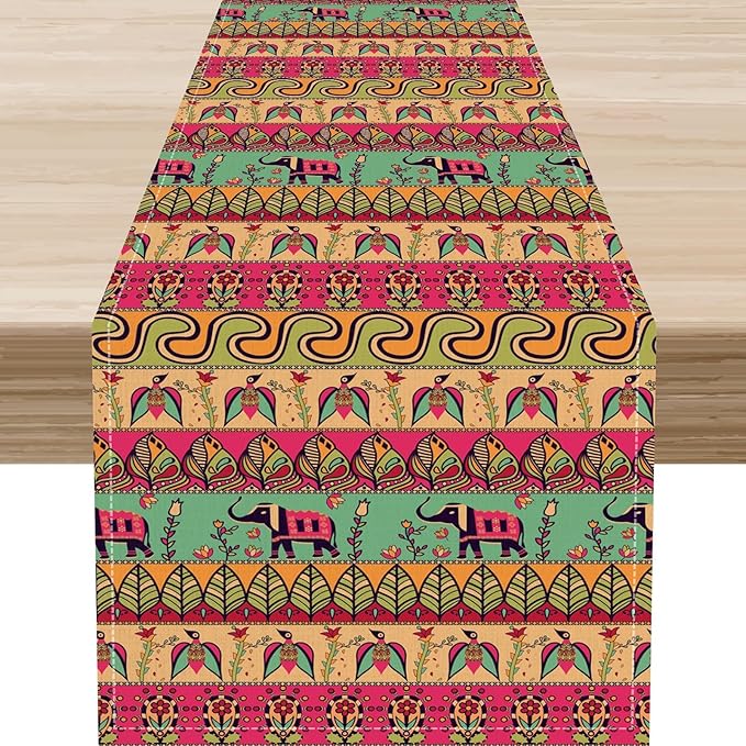 Boho Table Runner, Indian Bohemian Elephant Mandala Paisley Floral Hippie Art Print Table Center Decor for Home Kitchen Dining Patio Holiday Party Indoor Outdoor Table Decorations, 13"x36" Inch