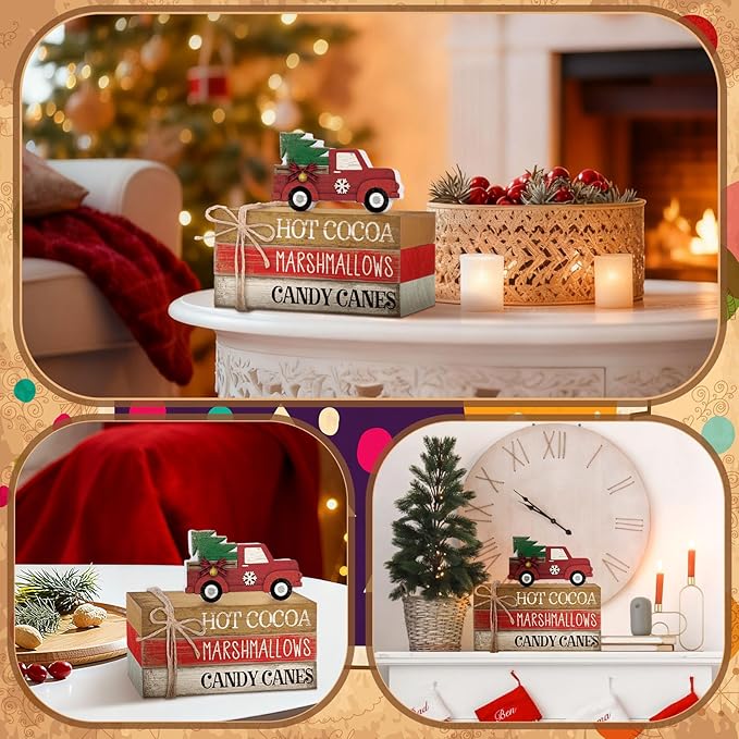 4 Pcs Christmas Table Decorations Red Truck Winter Tiered Tray Decorations Rustic Merry Christmas Table Centerpiece Wooden Books Signs for Office Shelf Classroom Tabletop Bookshelf