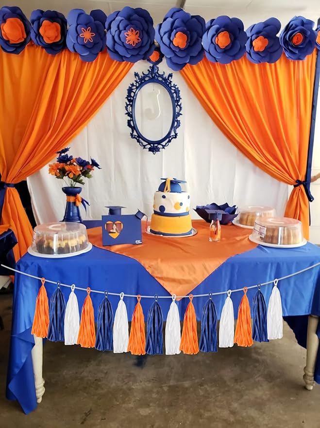15PCS Navy Blue Orange White DIY Party Tassel Garland Paper Banner Streamer Backdrop for Graduation Astros Birthday Wedding Baby Shower Nursery Classroom Garland Tassel Hanging Decoration