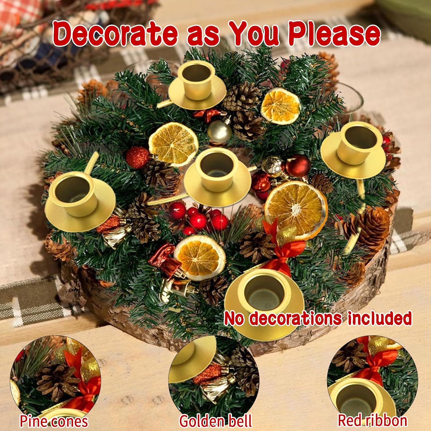 Advent Wreath Candle Holder, Christmas Candle Rings for Tapered Candles, Advent Wreath 5 Candle Holder for Christmas Festival Home Party Church Decor, Gold