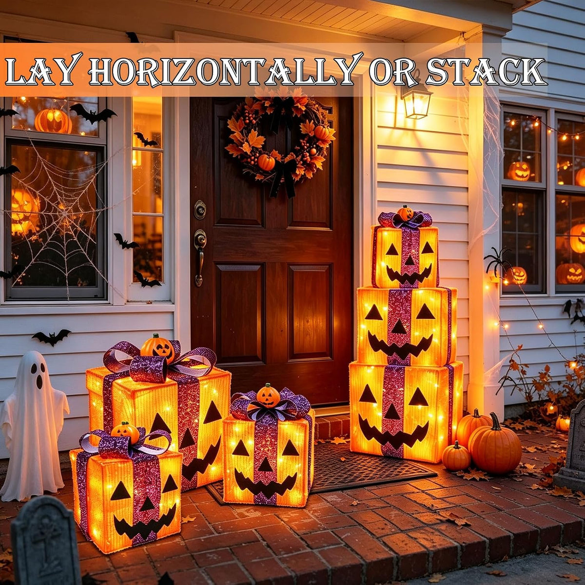 [ 8 Modes & Timer ] 3 Pack Halloween Decorations Lighted Pumpkin Gift Box