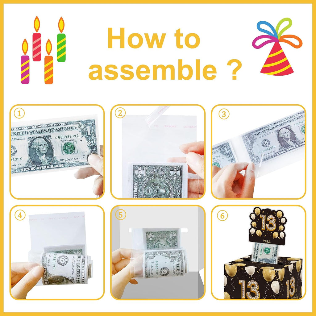 Azbuk 13th Birthday Money Pull-Out Surprise Box Gift for Teens | Creative Cash Present with Pulling Design | Includes 35PCS Clear Money Bags for Cash Gifts (Unisex Boys & Girls)