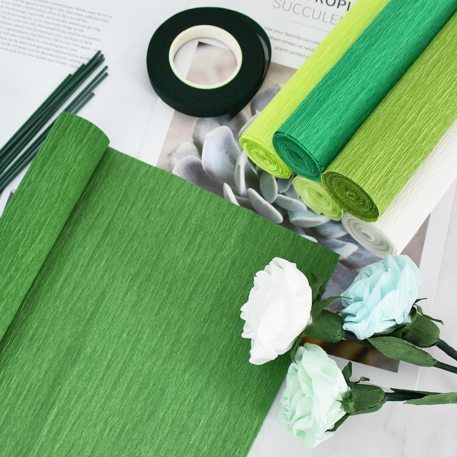 BEISHIDA 6 Rolls Crepe Paper Roll, 6 Green Series Crepe Paper Sheet for Flower Making, Flowers Kit with Tape and Wire for Wedding Birthday Holiday Party Decoration,DIY Craft(9.8in x 8ft/Roll)