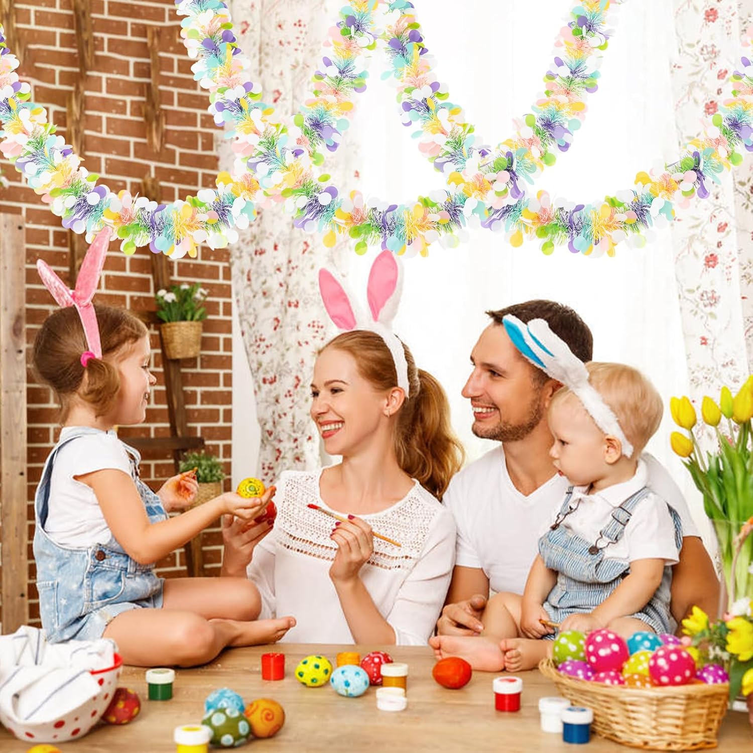 33FT Easter Tinsel Garland Colorful Metallic Twist Foil Tinsel Garland with Confetti Spring Hanging Garland for Easter Party Door Tree Indoor Outdoor Decoration