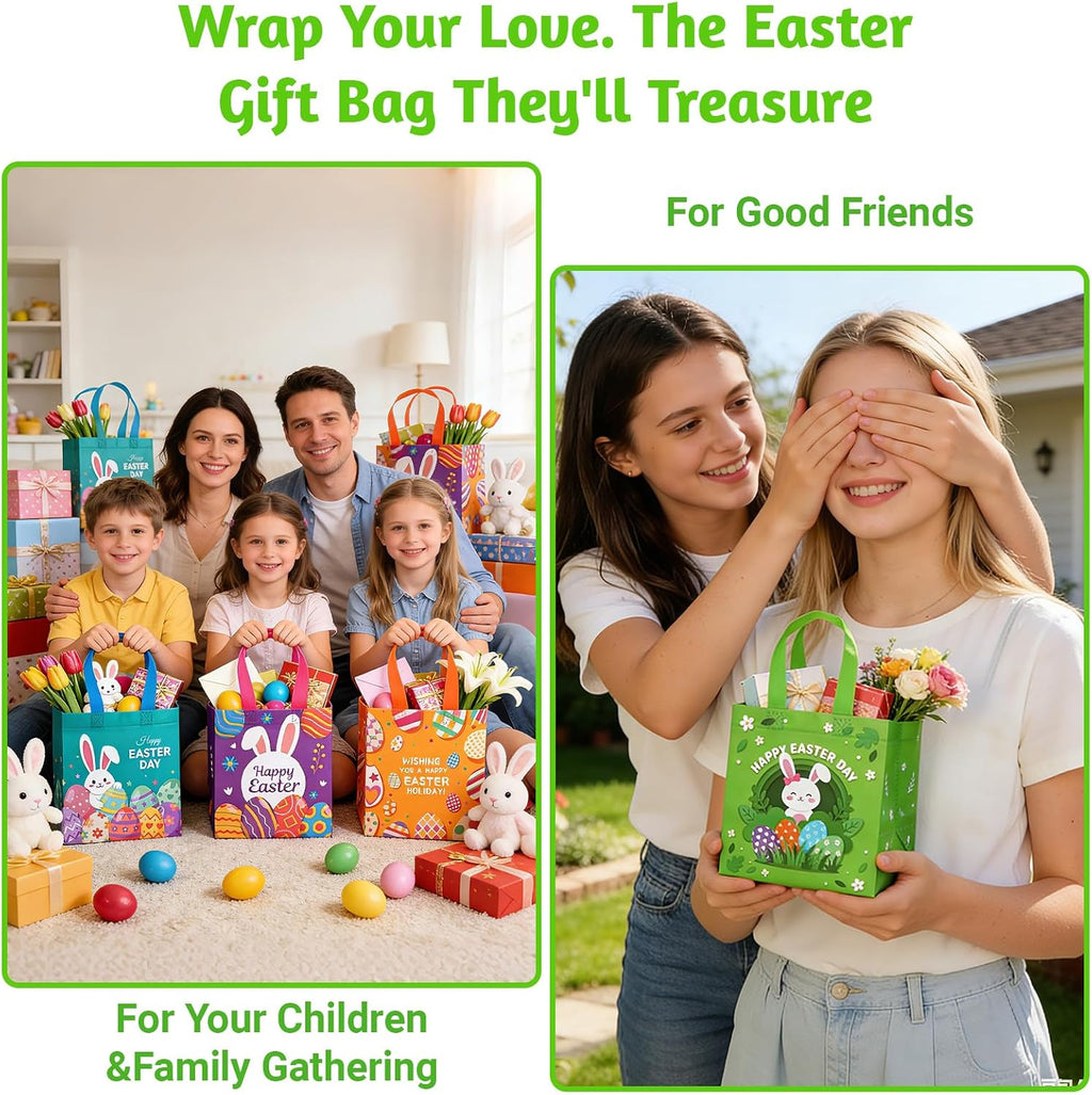 STARSIDE 8 Pack Easter Egg Hunt Bags with Handles for Kids - Reusable Non-Woven Cute Bunny Chick Carrot Tote Bags for Gift Wrapping, Easter Treats, Goodie Bags & Party Favors (7.09x5.91x7.87 Inches)