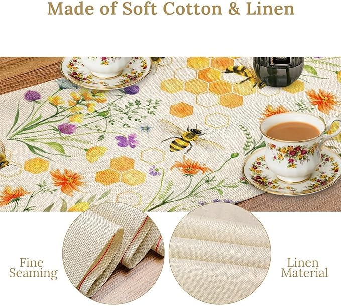 Summer Bee Table Runner, Seasonal Spring Wildflowers Bee Yellow Honeycombs Farmhouse Table Runner for Kitchen Dining Table Home Party Decor, 13x36inch