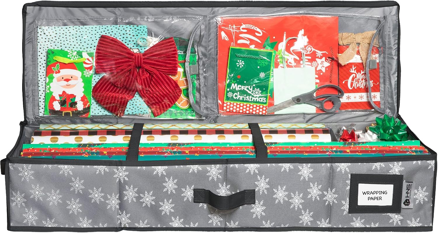 HOLDN’ STORAGE Premium Wrapping Paper Storage Container - Durable 600D Tear-Proof, Fits 27 Rolls Gift Wrap, Extra Pockets for Ribbons & Bows, Underbed Storage - Ideal for Holiday Christmas, Grey/White Snowflakes