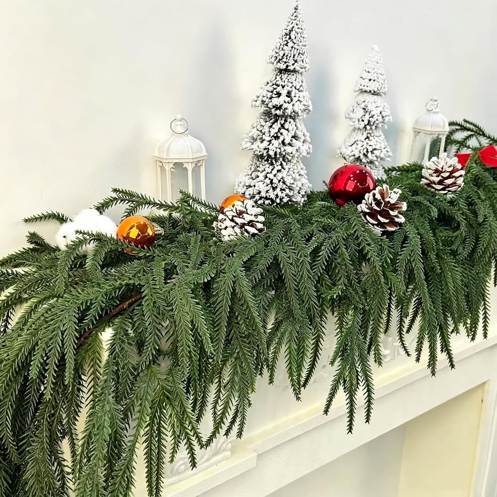 9ft norfolk pine garland, realistic artificial christmas greenery, close-up detail
