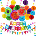 Colorful Birthday Decorations - Mexican Fiesta Party Decorations with Happy Birthday Banner, Paper Fans, Paper Pom Poms,Dots Garland, Pennant Banner, Honeycomb Balls Packs