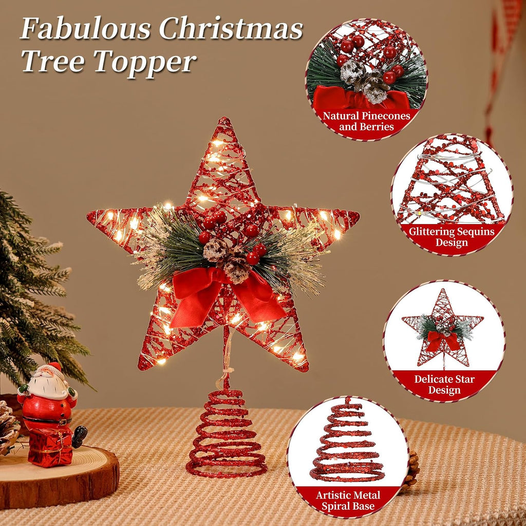 Lewondr Christmas Tree Topper, 8'' Small Metal Christmas Star Tree Topper with Pine Leaves and Bow, 30 LED Bulbs, 6H Timer, 8 Light Modes, USB & Remote Control Star Treetop for Home Xmas Decor, Red