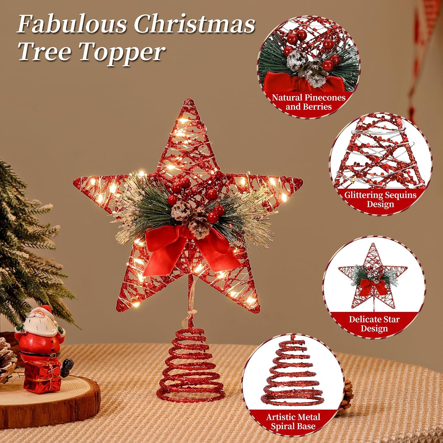 Lewondr Christmas Tree Topper, 8'' Small Metal Christmas Star Tree Topper with Pine Leaves and Bow, 30 LED Bulbs, 6H Timer, 8 Light Modes, USB & Remote Control Star Treetop for Home Xmas Decor, Red