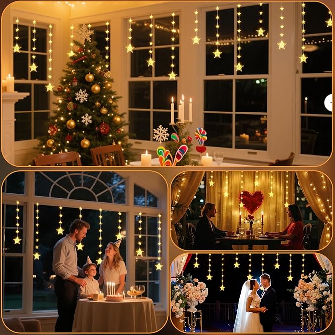 Rechargeable Stars Christmas Window Lights, IP65 Waterproof 90 LEDs 54 Stars Hanging Curtain Lights with 3 Timer Modes, Warm White Christmas Star Decoration for Indoor Outdoor Xmas Home Party Decor