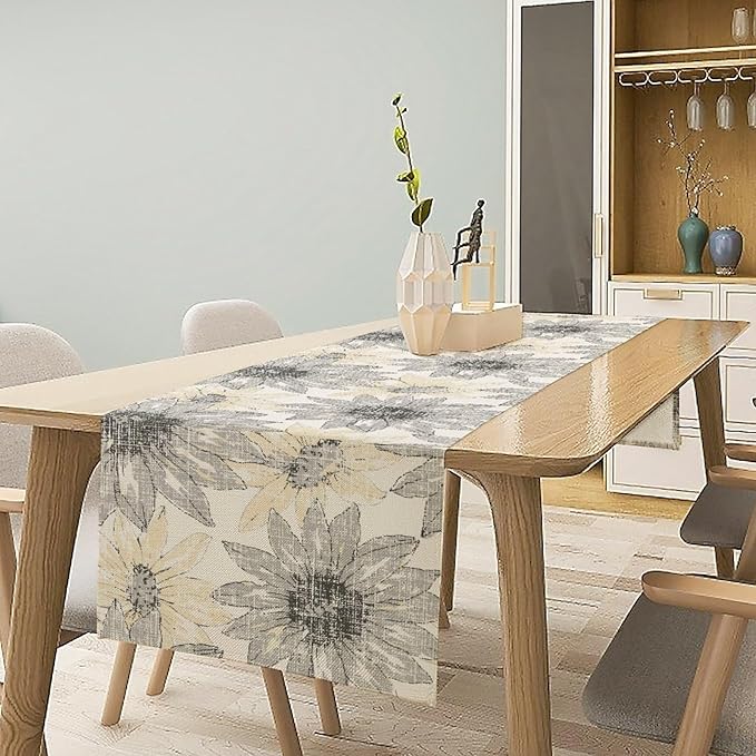 Chrysanthemum Vintage Floral Table Runner, Elegant Grunge Green Sunflower Spring Summer Elegant Pattern Artichokes Flower Table Runner for Party Kitchen Dining Living Room Decor, 13x70 Inch