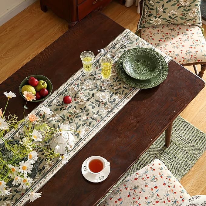 ISAENNE Designer Green Elegant Linen Extra Long Table Runner 118 Inches,Flower and Leaves Pattern Wrinkle Resistant Table Runners for Dining Tables,Thanksgiving,Kitchen Tables,Christmas,12"*118"-Brune