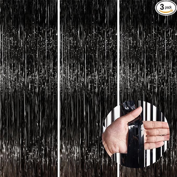 PartyWoo Black Streamers Tinsel Backdrop Curtain 3pcs 8.2ft Foil Fringe Curtain for Black History Month Juneteenth Gothic Wedding Retirement Halloween Cow Print Theme Party Celebration Decorations