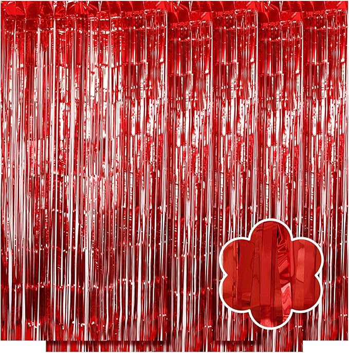 5 Pack Red Foil Curtain Backdrop 3.2ft x 9.8ft Metallic Tinsel Foil Fringe Curtains Streamer Photo Booth Backdrop for Birthday Party Engagement Bachelorette Party Decorations (Red)