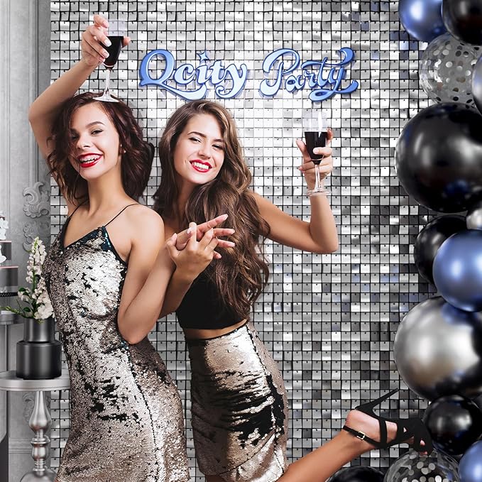 Qcity Silver Shimmer Wall Backdrop 36PCS, Black Back Not See-Through Design, Square Sequin Glitter Backdrop Panel, Perfect for Outdoor Events, Birthdays, Wedding and Party Decoration