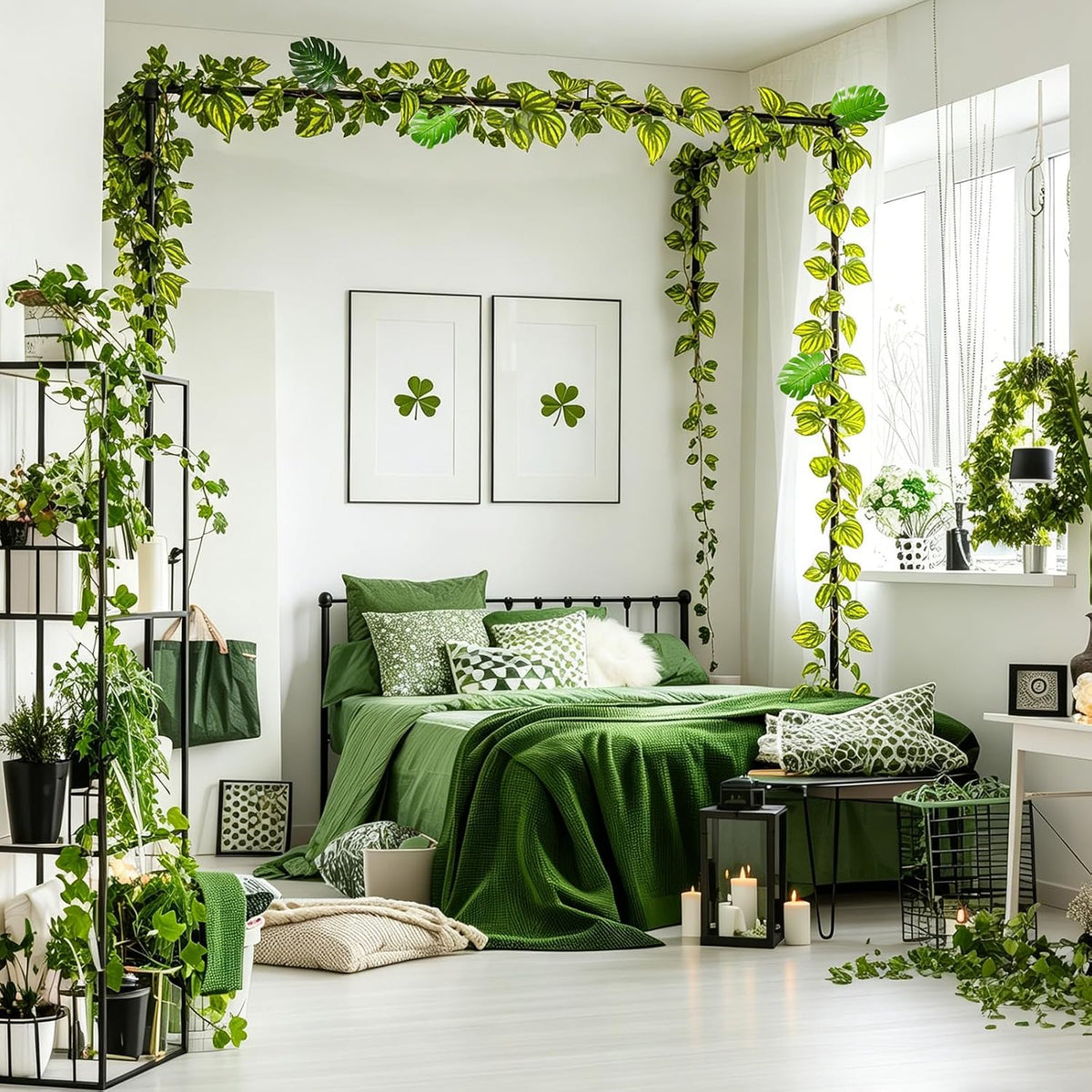 artificial tropical palm leaves with rattan vines & on a desk or shelf