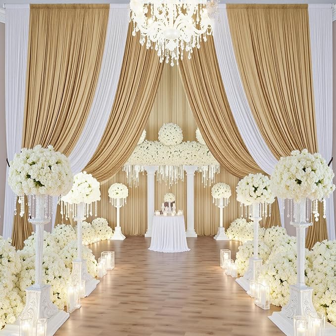 50×14 ft Wrinkle Free Beige Backdrop Curtain for Weddings Parties, 10 Panels 14ft Silky Polyester Wedding Drapes Backdrop Photo Back Drop Cloth for Birthday Baby Shower Photography Backgrounds